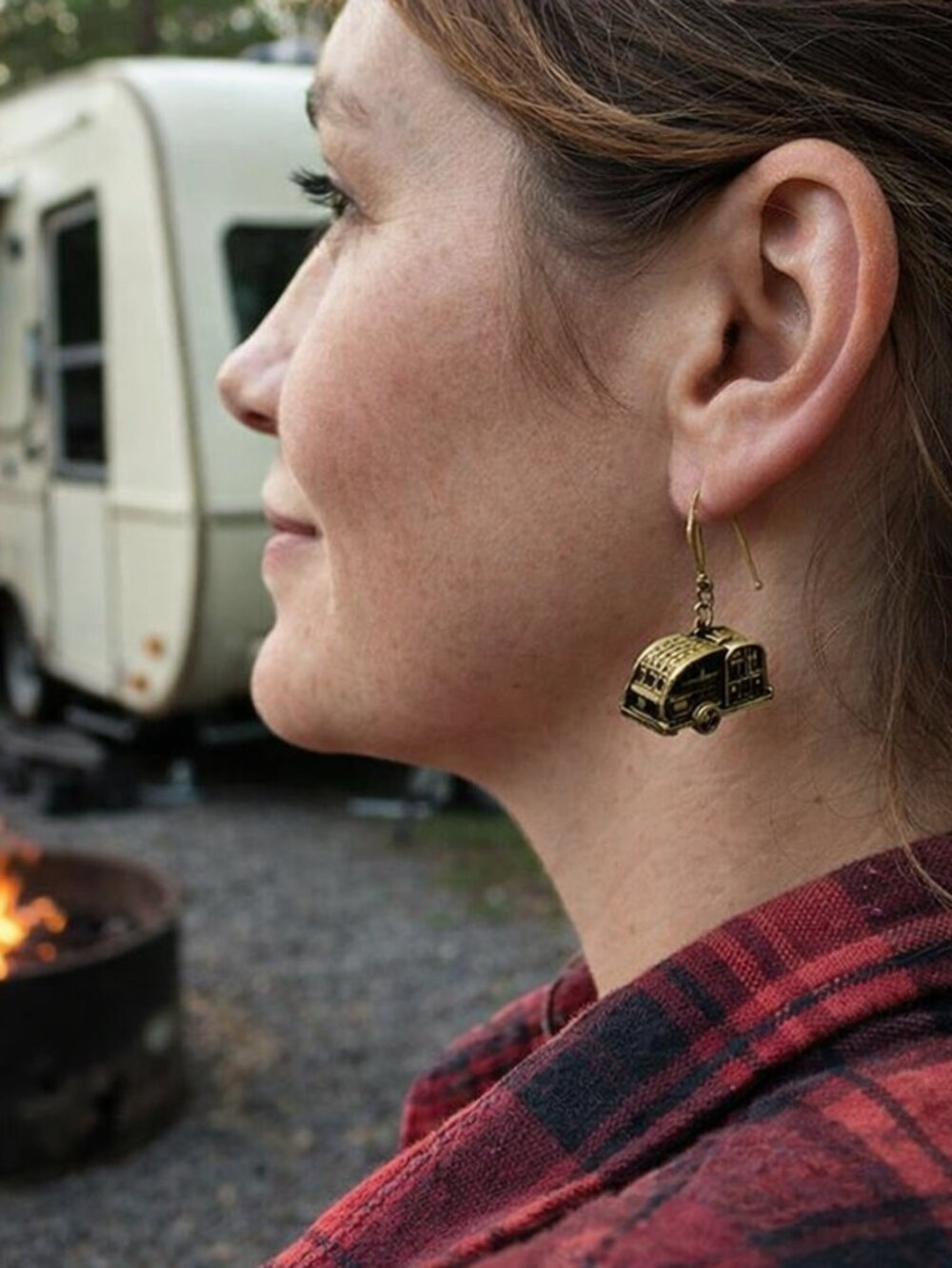 Retro Camper Earrings NEW 3D Antique Gold Travel Trailer RV Detailed